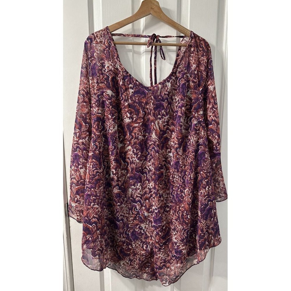 eShakti Abstract Purple Printed Flowy Tunic Top Sheer Long Sleeve Size 1X 18W - Picture 1 of 5